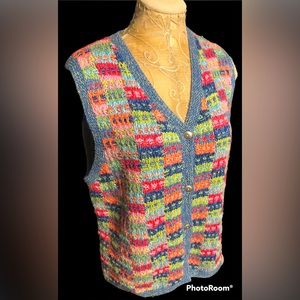 Susan Bristol, Hand Knitted Sweater Vest Size XL. Pink, green, blue color scheme